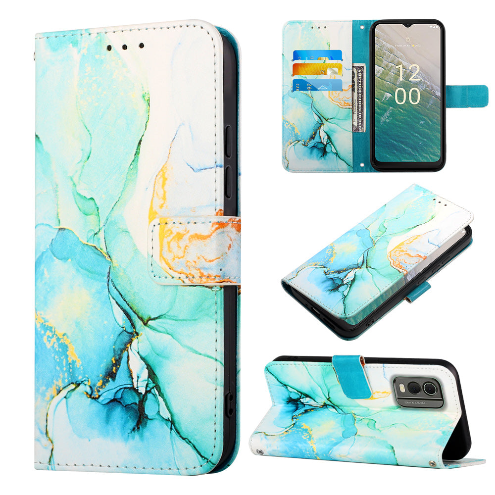 YB Pattern Printing Leather Series-5 for Nokia C32 (TA-1534) Marble Pattern Phone Case Wallet Stand Cover with Strap
