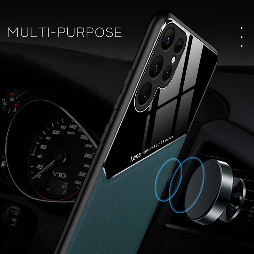 For Samsung Galaxy S23 Ultra Cell Phone Case Leather Coated TPU + PC Magnetic Car Mount Phone Cover