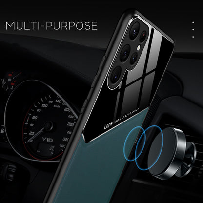 For Samsung Galaxy S23 Ultra Cell Phone Case Leather Coated TPU + PC Magnetic Car Mount Phone Cover