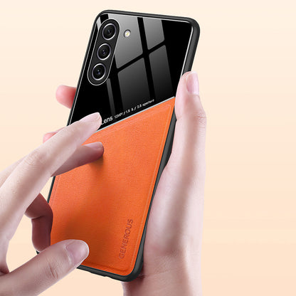 For Samsung Galaxy S23+ Leather Coated TPU + PC Phone Case Car Mount Metal Sheet Protective Cover