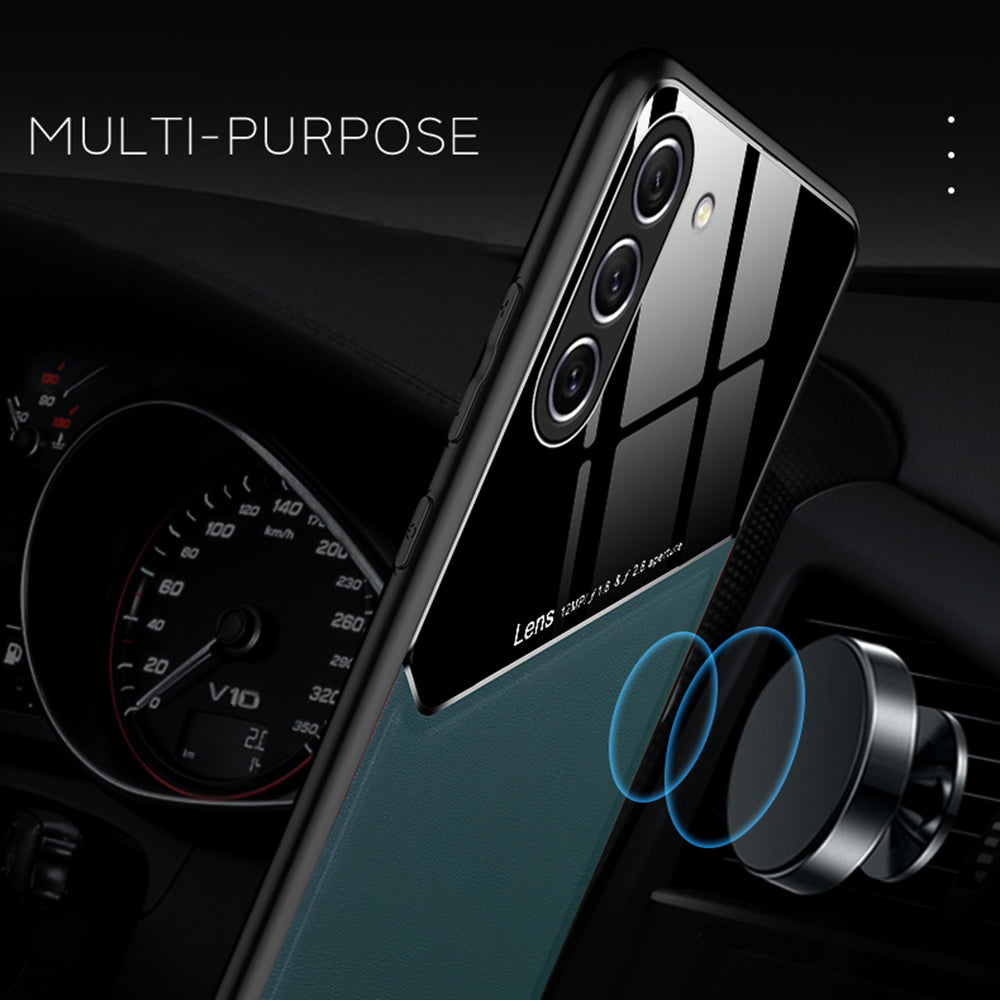 For Samsung Galaxy S23+ Leather Coated TPU + PC Phone Case Car Mount Metal Sheet Protective Cover