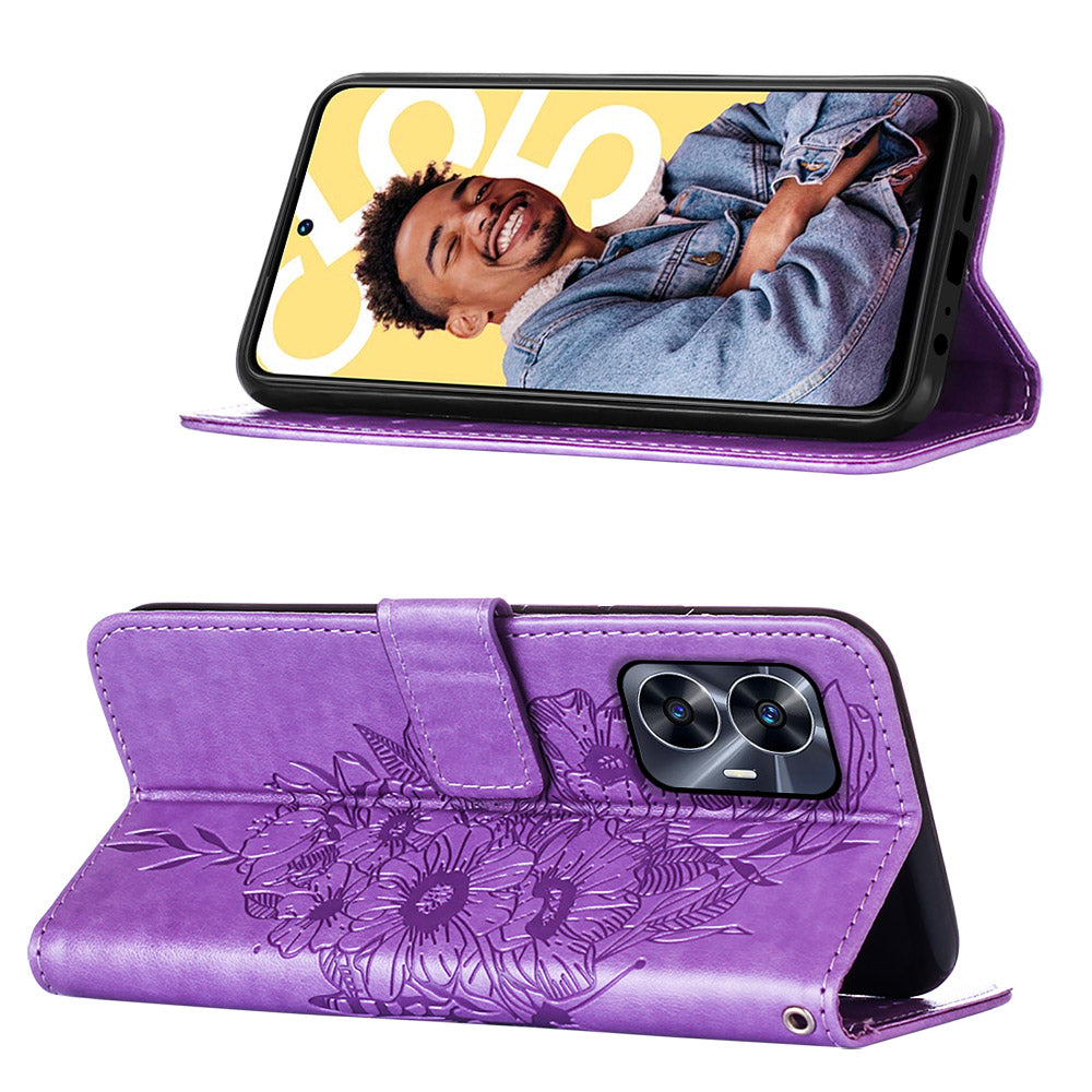 YB Imprinting Series-4 For Realme C55 Imprinted Pattern Wallet Phone Case Leather Stand Cover with Hand Strap