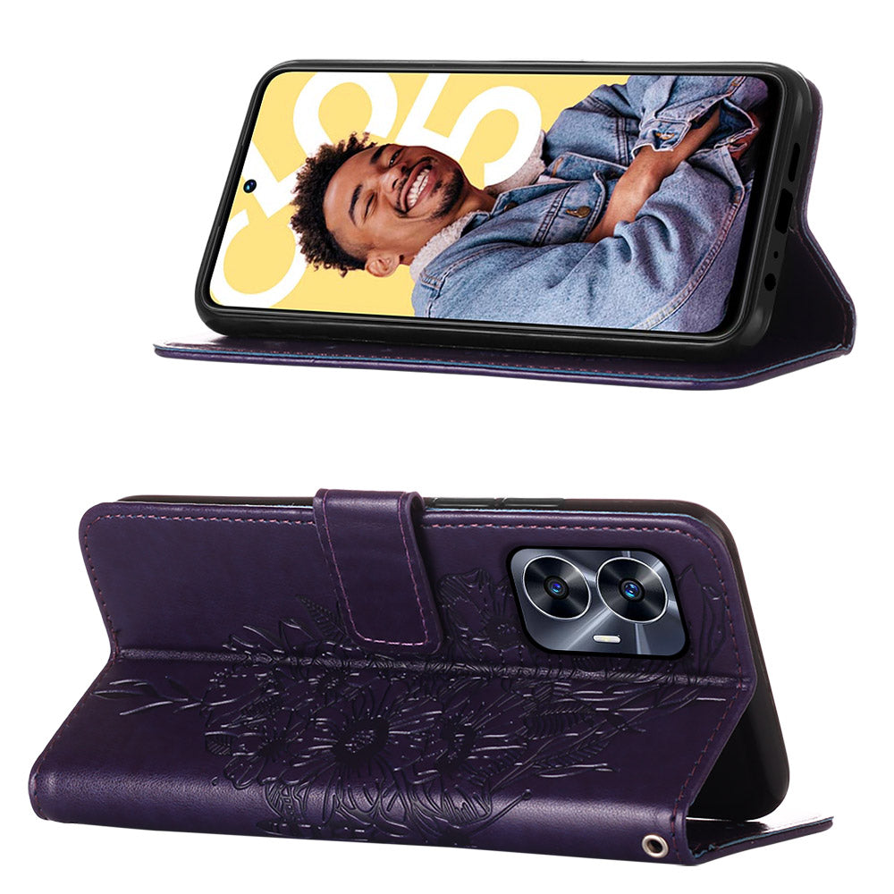 YB Imprinting Series-4 For Realme C55 Imprinted Pattern Wallet Phone Case Leather Stand Cover with Hand Strap