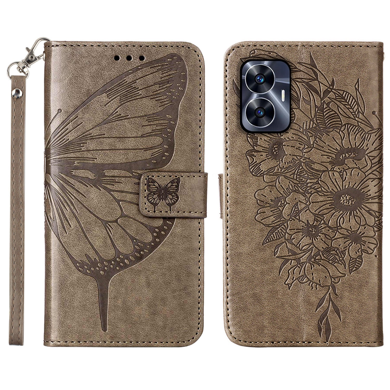 YB Imprinting Series-4 For Realme C55 Imprinted Pattern Wallet Phone Case Leather Stand Cover with Hand Strap