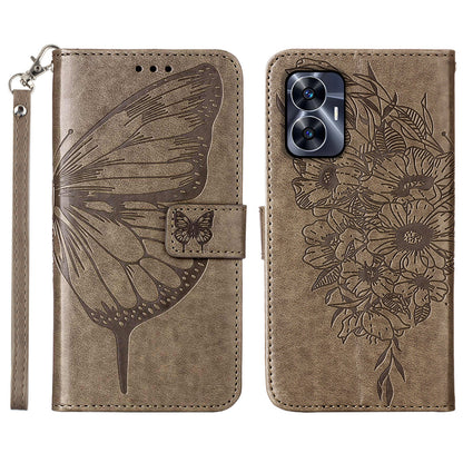 YB Imprinting Series-4 For Realme C55 Imprinted Pattern Wallet Phone Case Leather Stand Cover with Hand Strap
