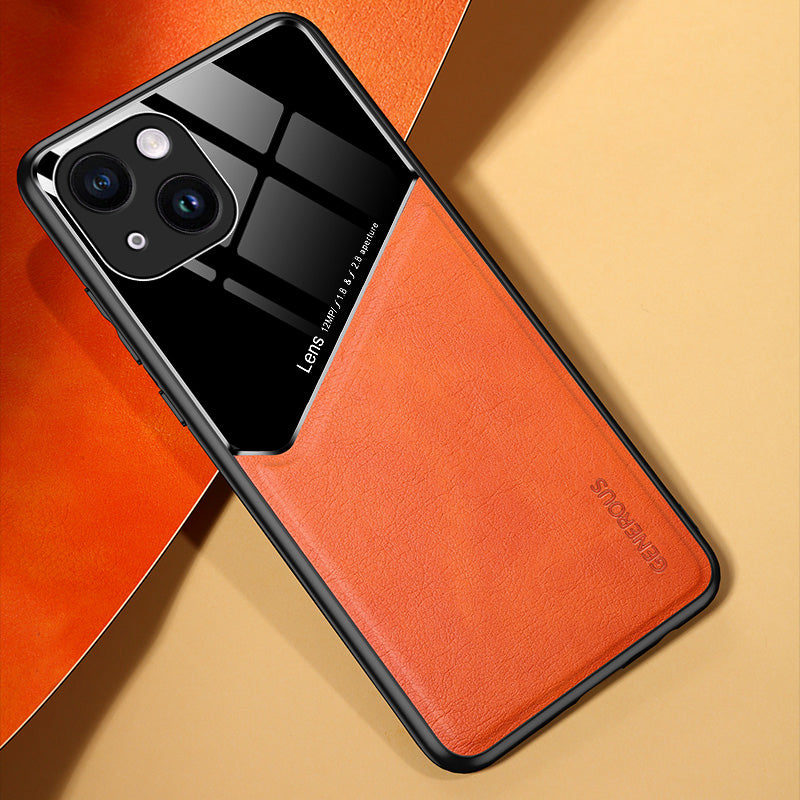 For iPhone 14 Protective Case TPU + PC + Textured PU Leather Coating Drop-proof Phone Cover Support Magnetic Car Mount