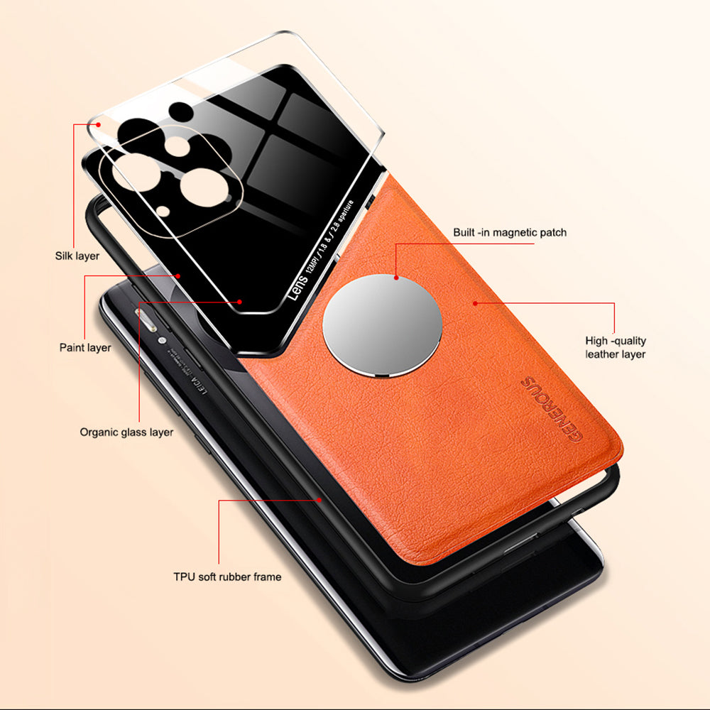 For iPhone 14 Protective Case TPU + PC + Textured PU Leather Coating Drop-proof Phone Cover Support Magnetic Car Mount