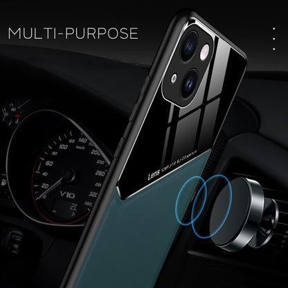 For iPhone 14 Protective Case TPU + PC + Textured PU Leather Coating Drop-proof Phone Cover Support Magnetic Car Mount