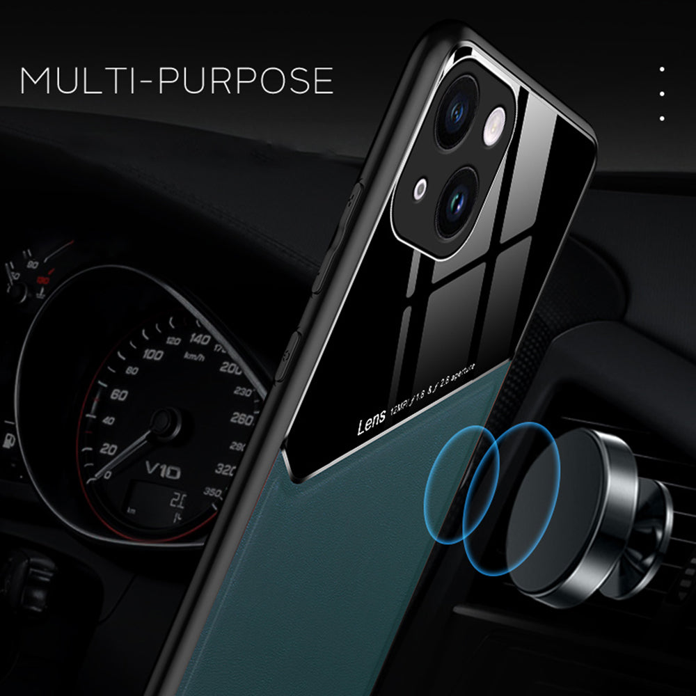 For iPhone 14 Protective Case TPU + PC + Textured PU Leather Coating Drop-proof Phone Cover Support Magnetic Car Mount