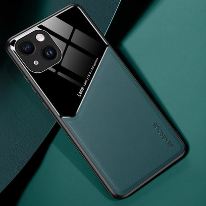 For iPhone 14 Protective Case TPU + PC + Textured PU Leather Coating Drop-proof Phone Cover Support Magnetic Car Mount