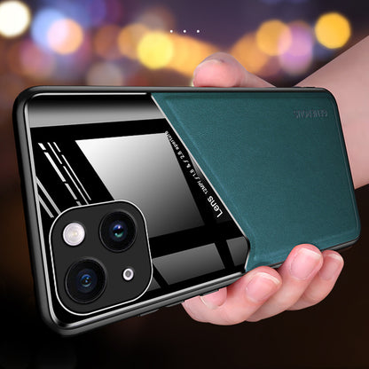 For iPhone 14 Protective Case TPU + PC + Textured PU Leather Coating Drop-proof Phone Cover Support Magnetic Car Mount