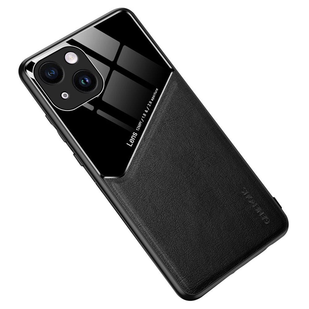 For iPhone 14 Protective Case TPU + PC + Textured PU Leather Coating Drop-proof Phone Cover Support Magnetic Car Mount