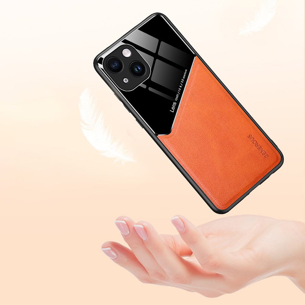 For iPhone 14 Protective Case TPU + PC + Textured PU Leather Coating Drop-proof Phone Cover Support Magnetic Car Mount