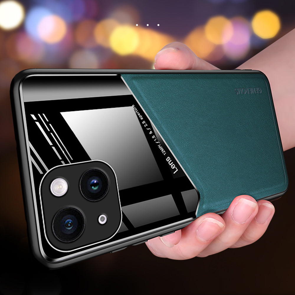 For iPhone 14 Protective Case TPU + PC + Textured PU Leather Coating Drop-proof Phone Cover Support Magnetic Car Mount