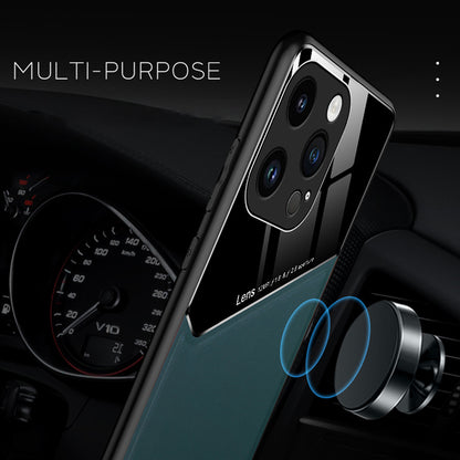 For iPhone 14 Pro Max Leather Coated TPU + PC Case Built-in Magnetic Holder Metal Sheet Phone Cover