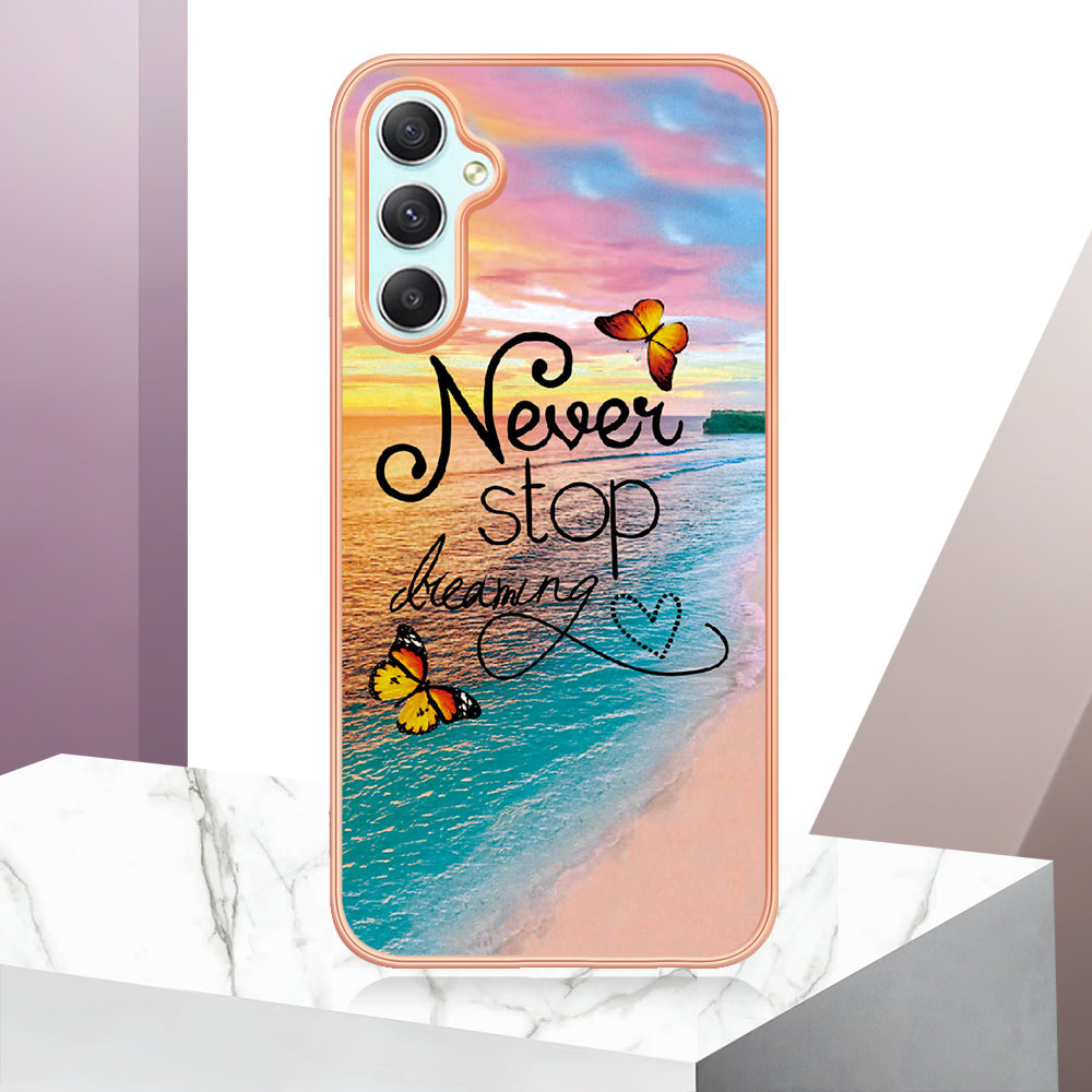 YB IMD Series-1 TPU Phone Case for Samsung Galaxy A24 4G , Electroplated Edge Marble Floral Pattern IMD Cover