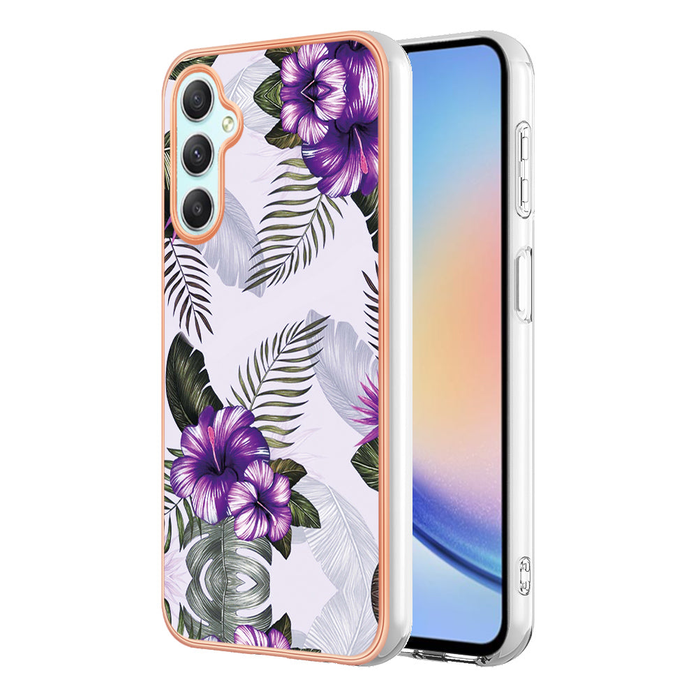 YB IMD Series-1 TPU Phone Case for Samsung Galaxy A24 4G , Electroplated Edge Marble Floral Pattern IMD Cover