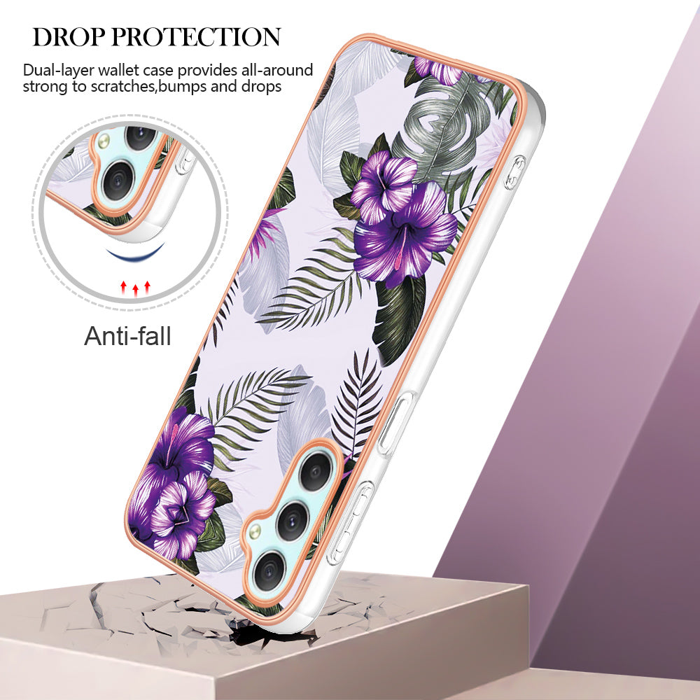 YB IMD Series-1 TPU Phone Case for Samsung Galaxy A24 4G , Electroplated Edge Marble Floral Pattern IMD Cover