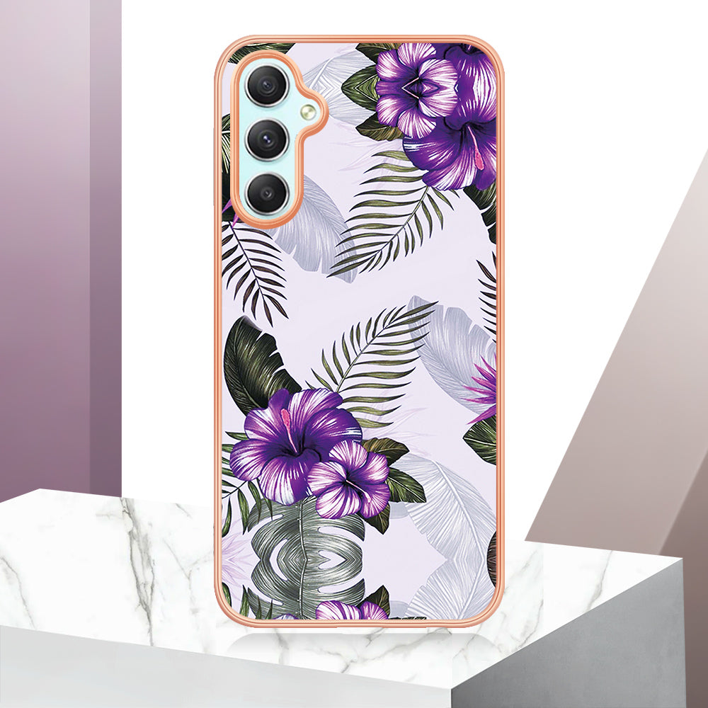 YB IMD Series-1 TPU Phone Case for Samsung Galaxy A24 4G , Electroplated Edge Marble Floral Pattern IMD Cover