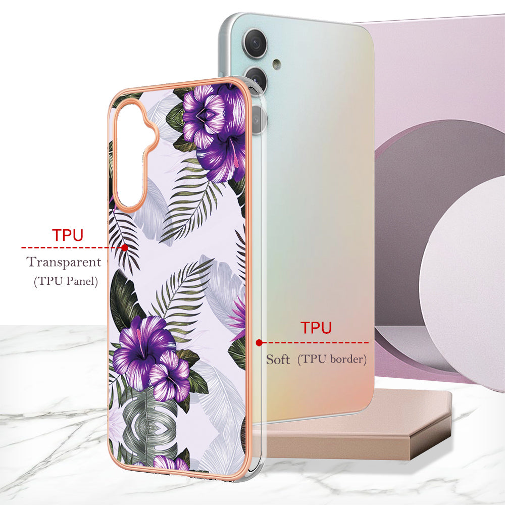 YB IMD Series-1 TPU Phone Case for Samsung Galaxy A24 4G , Electroplated Edge Marble Floral Pattern IMD Cover