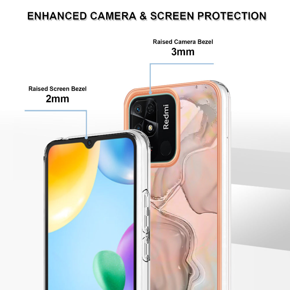 YB IMD Series-16 Style E Marble Pattern Phone Case for Xiaomi Redmi 10C 4G , Electroplated Edge 2.0mm TPU IMD Cover