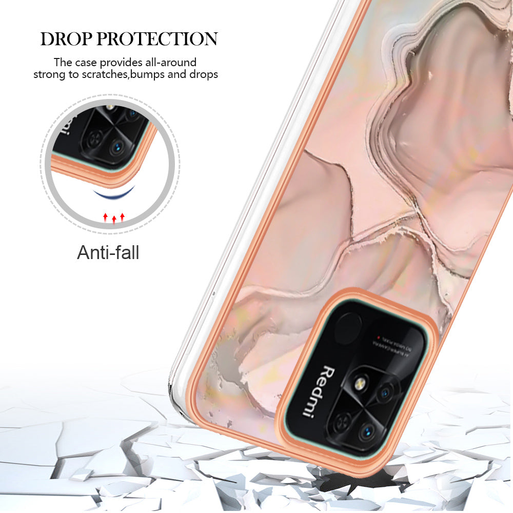 YB IMD Series-16 Style E Marble Pattern Phone Case for Xiaomi Redmi 10C 4G , Electroplated Edge 2.0mm TPU IMD Cover
