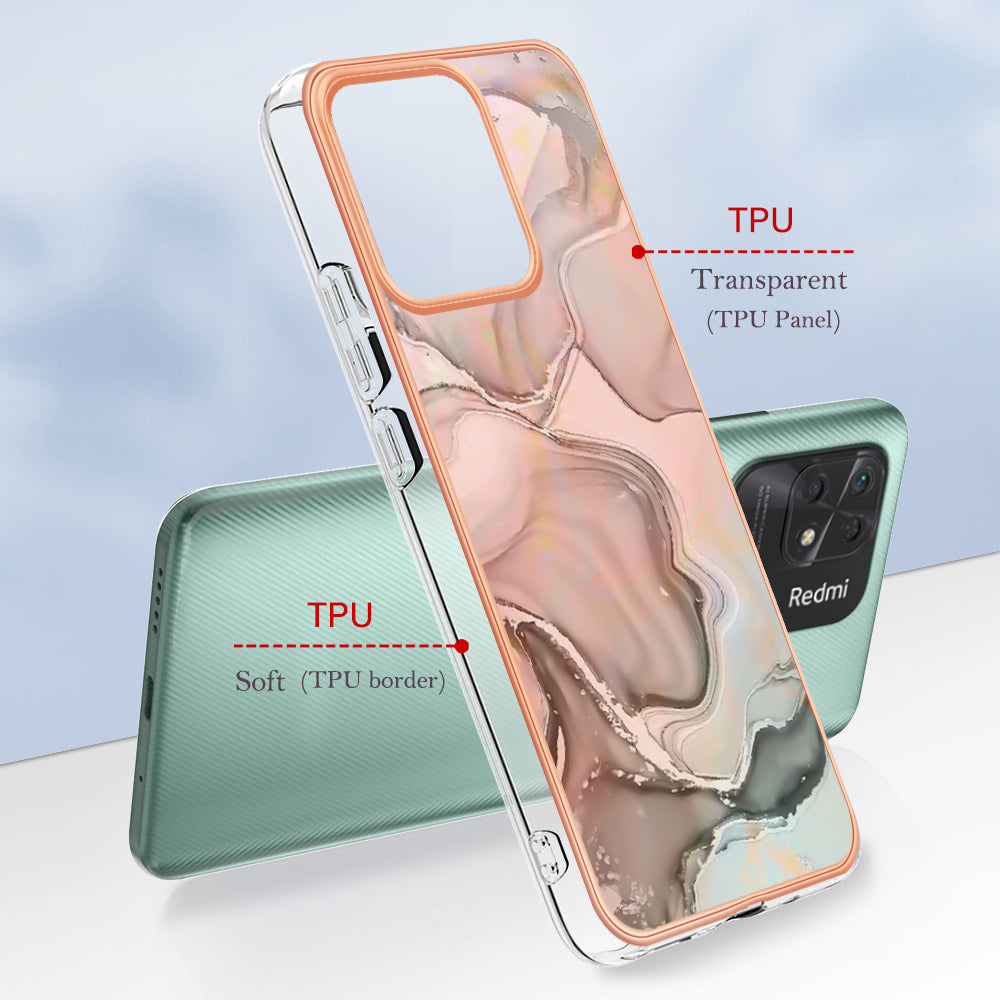 YB IMD Series-16 Style E Marble Pattern Phone Case for Xiaomi Redmi 10C 4G , Electroplated Edge 2.0mm TPU IMD Cover