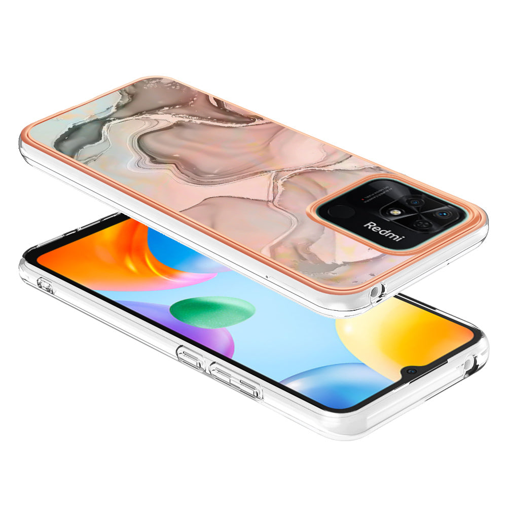 YB IMD Series-16 Style E Marble Pattern Phone Case for Xiaomi Redmi 10C 4G , Electroplated Edge 2.0mm TPU IMD Cover