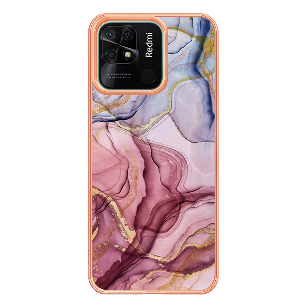 YB IMD Series-16 Style E Marble Pattern Phone Case for Xiaomi Redmi 10C 4G , Electroplated Edge 2.0mm TPU IMD Cover