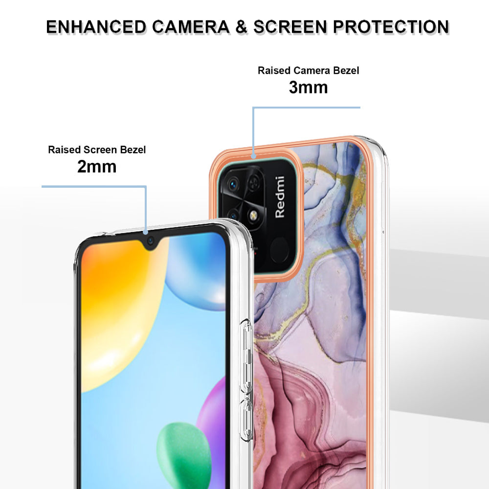 YB IMD Series-16 Style E Marble Pattern Phone Case for Xiaomi Redmi 10C 4G , Electroplated Edge 2.0mm TPU IMD Cover