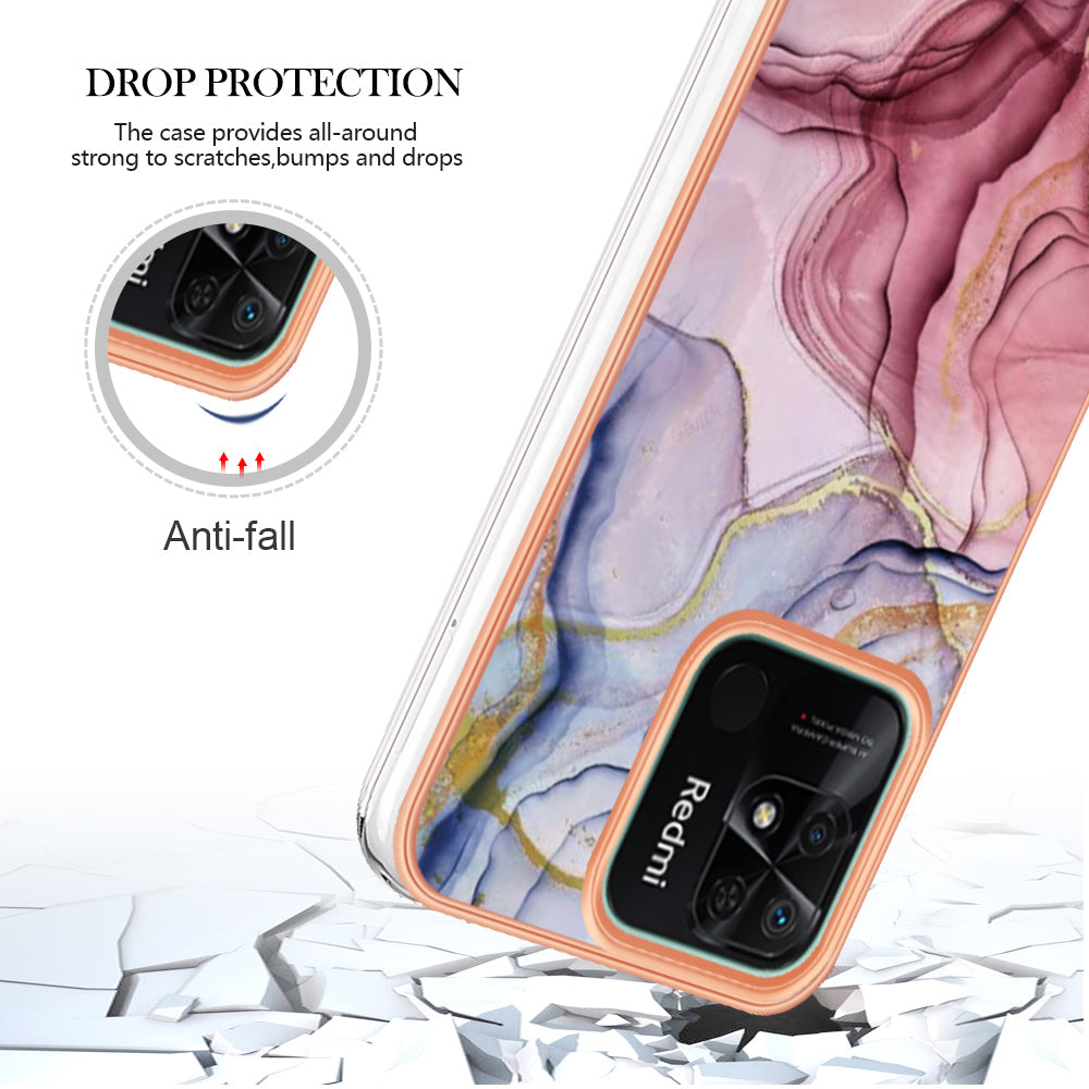 YB IMD Series-16 Style E Marble Pattern Phone Case for Xiaomi Redmi 10C 4G , Electroplated Edge 2.0mm TPU IMD Cover