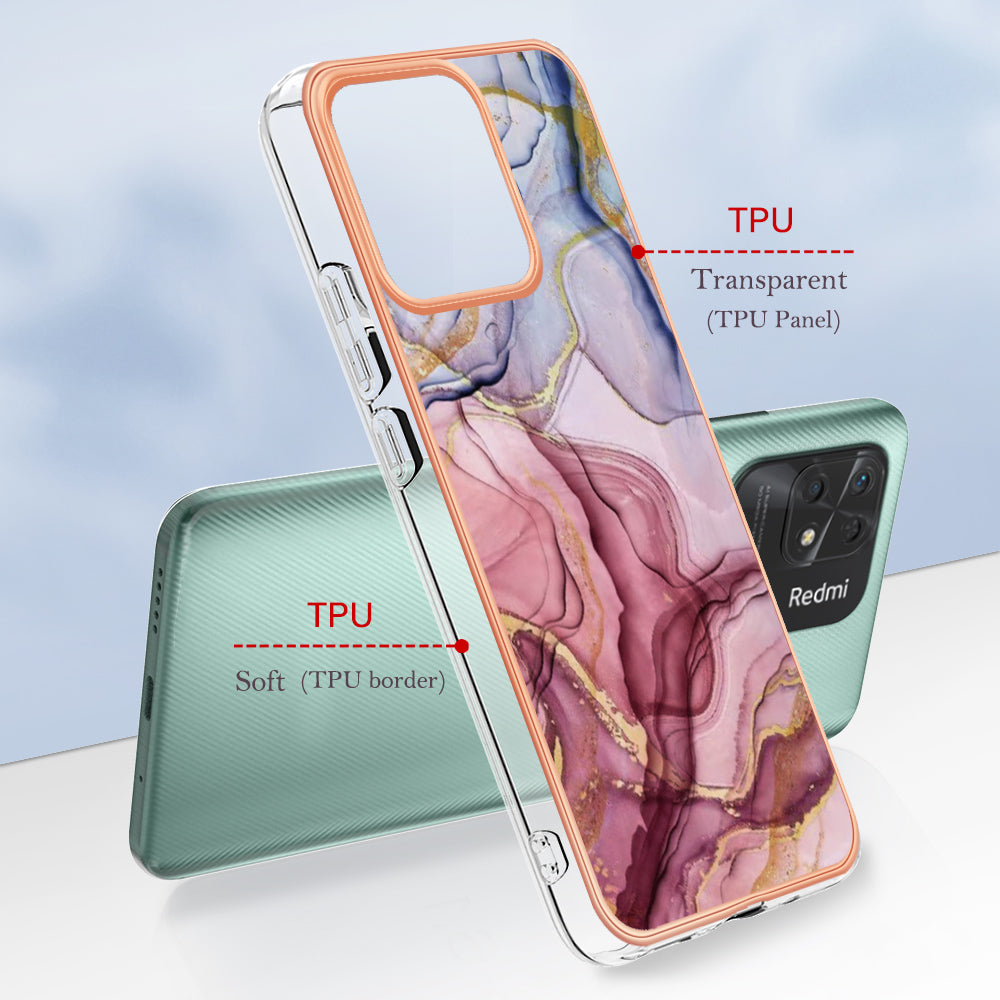 YB IMD Series-16 Style E Marble Pattern Phone Case for Xiaomi Redmi 10C 4G , Electroplated Edge 2.0mm TPU IMD Cover
