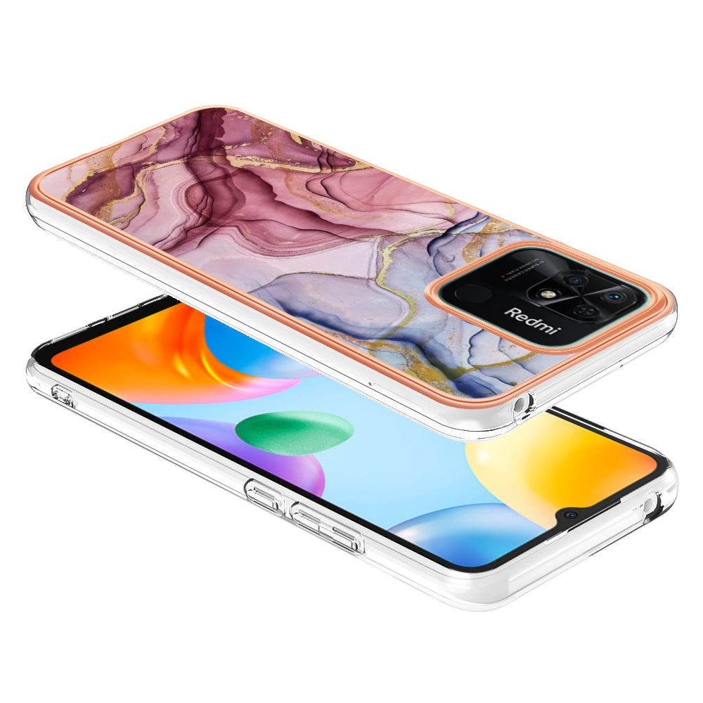 YB IMD Series-16 Style E Marble Pattern Phone Case for Xiaomi Redmi 10C 4G , Electroplated Edge 2.0mm TPU IMD Cover