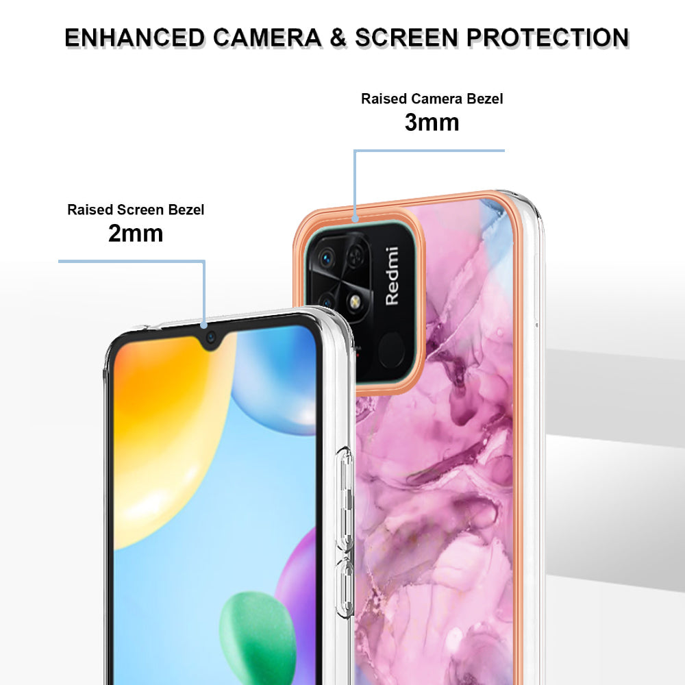 YB IMD Series-16 Style E Marble Pattern Phone Case for Xiaomi Redmi 10C 4G , Electroplated Edge 2.0mm TPU IMD Cover