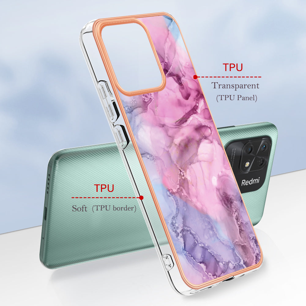 YB IMD Series-16 Style E Marble Pattern Phone Case for Xiaomi Redmi 10C 4G , Electroplated Edge 2.0mm TPU IMD Cover