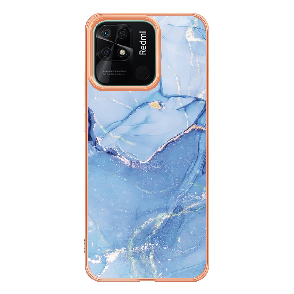 YB IMD Series-16 Style E Marble Pattern Phone Case for Xiaomi Redmi 10C 4G , Electroplated Edge 2.0mm TPU IMD Cover
