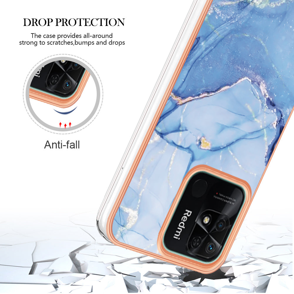 YB IMD Series-16 Style E Marble Pattern Phone Case for Xiaomi Redmi 10C 4G , Electroplated Edge 2.0mm TPU IMD Cover