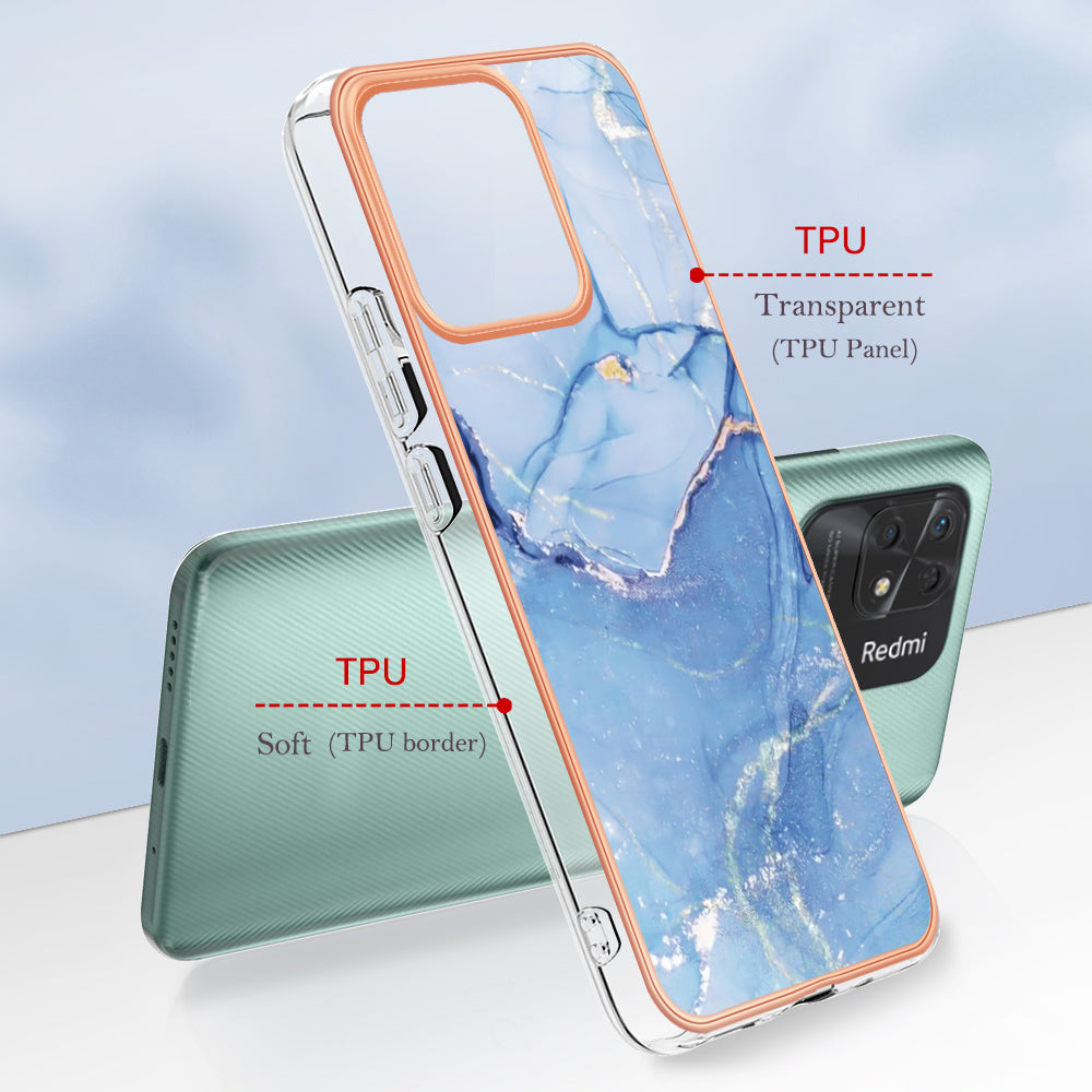 YB IMD Series-16 Style E Marble Pattern Phone Case for Xiaomi Redmi 10C 4G , Electroplated Edge 2.0mm TPU IMD Cover