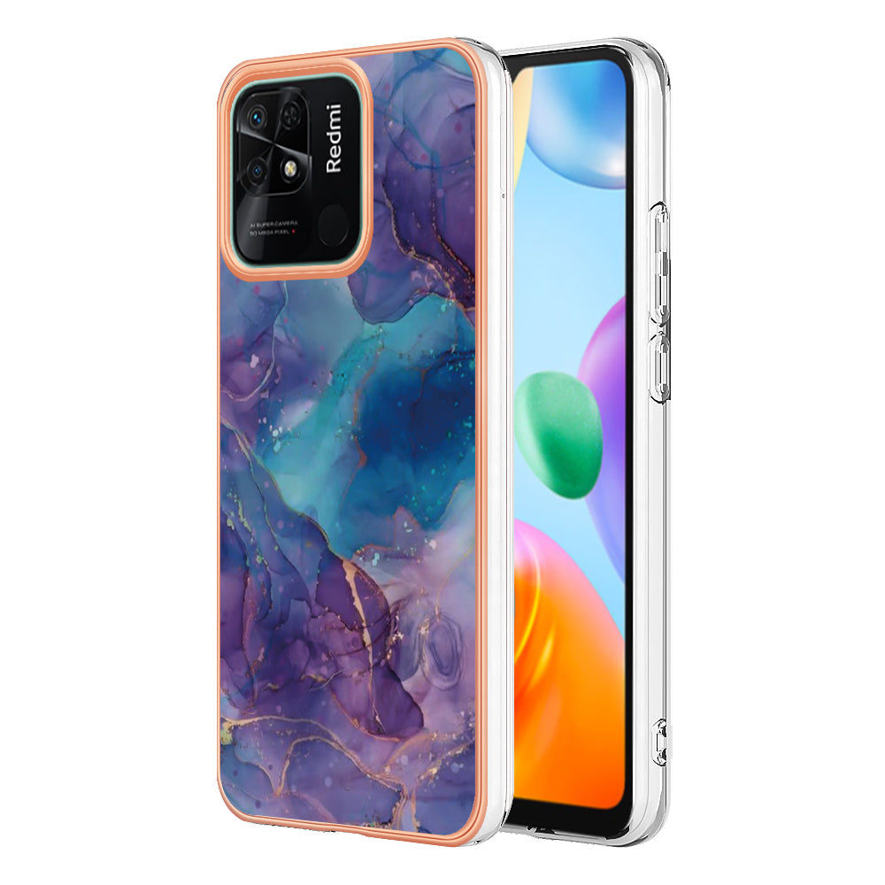 YB IMD Series-16 Style E Marble Pattern Phone Case for Xiaomi Redmi 10C 4G , Electroplated Edge 2.0mm TPU IMD Cover