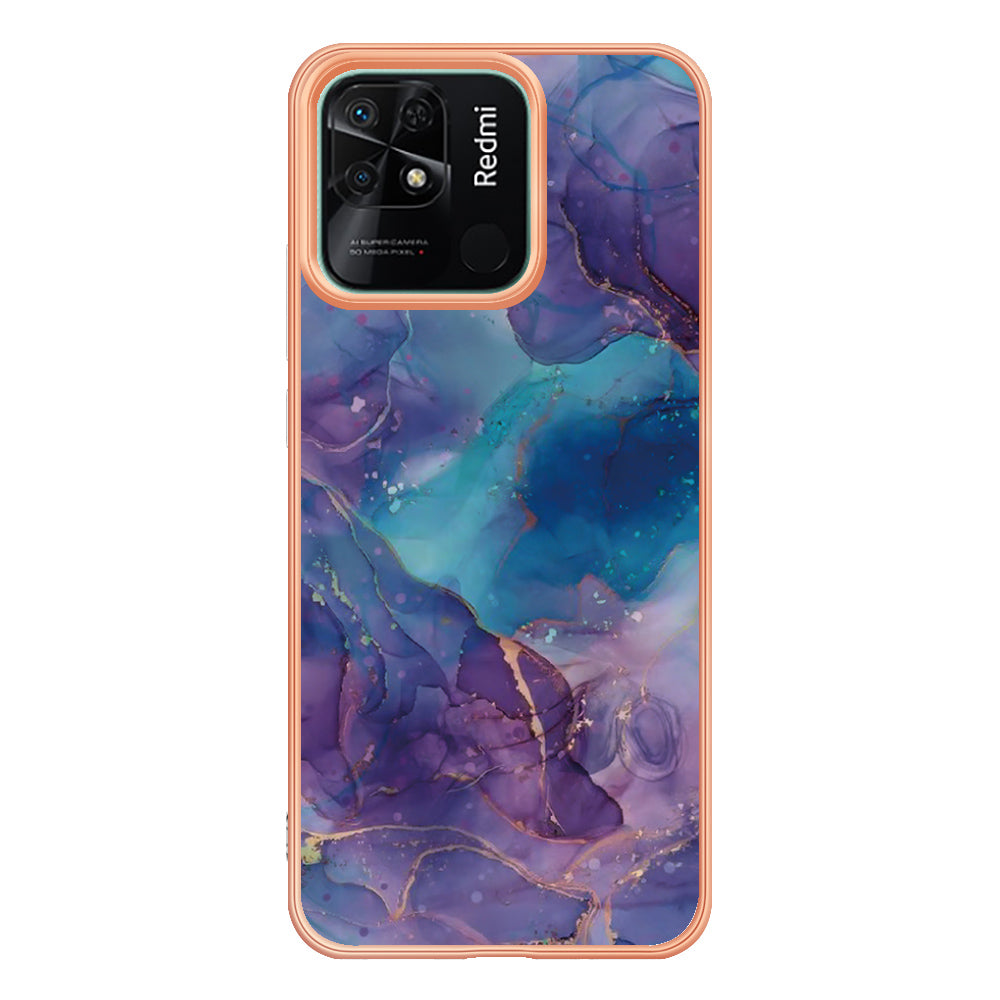 YB IMD Series-16 Style E Marble Pattern Phone Case for Xiaomi Redmi 10C 4G , Electroplated Edge 2.0mm TPU IMD Cover