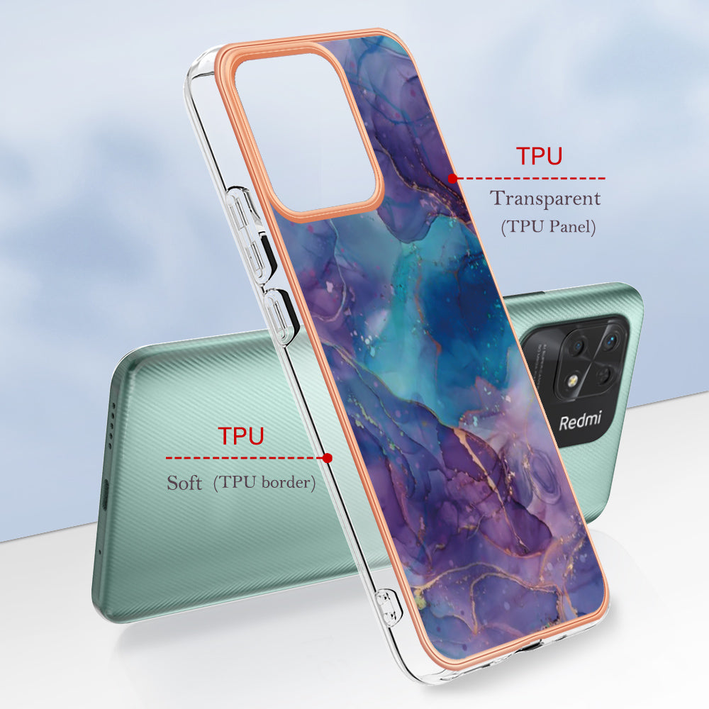 YB IMD Series-16 Style E Marble Pattern Phone Case for Xiaomi Redmi 10C 4G , Electroplated Edge 2.0mm TPU IMD Cover