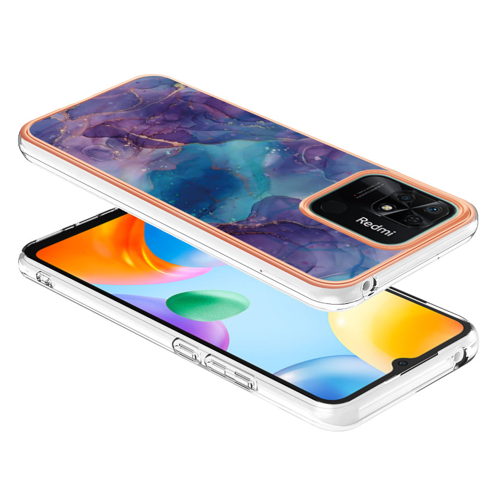 YB IMD Series-16 Style E Marble Pattern Phone Case for Xiaomi Redmi 10C 4G , Electroplated Edge 2.0mm TPU IMD Cover
