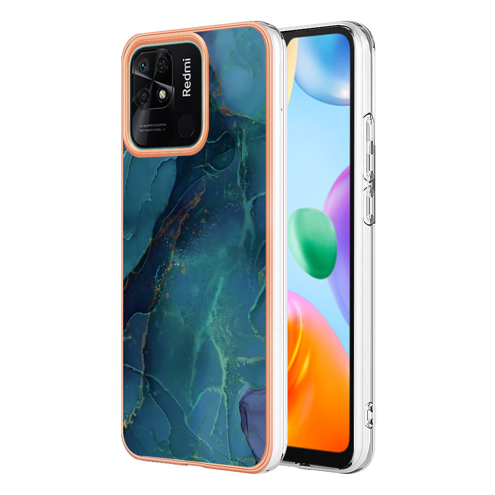 YB IMD Series-16 Style E Marble Pattern Phone Case for Xiaomi Redmi 10C 4G , Electroplated Edge 2.0mm TPU IMD Cover