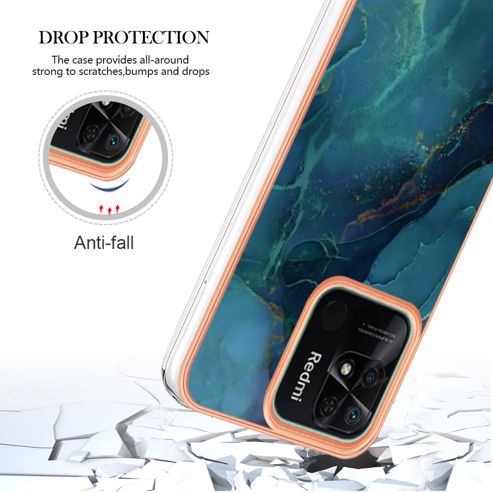 YB IMD Series-16 Style E Marble Pattern Phone Case for Xiaomi Redmi 10C 4G , Electroplated Edge 2.0mm TPU IMD Cover