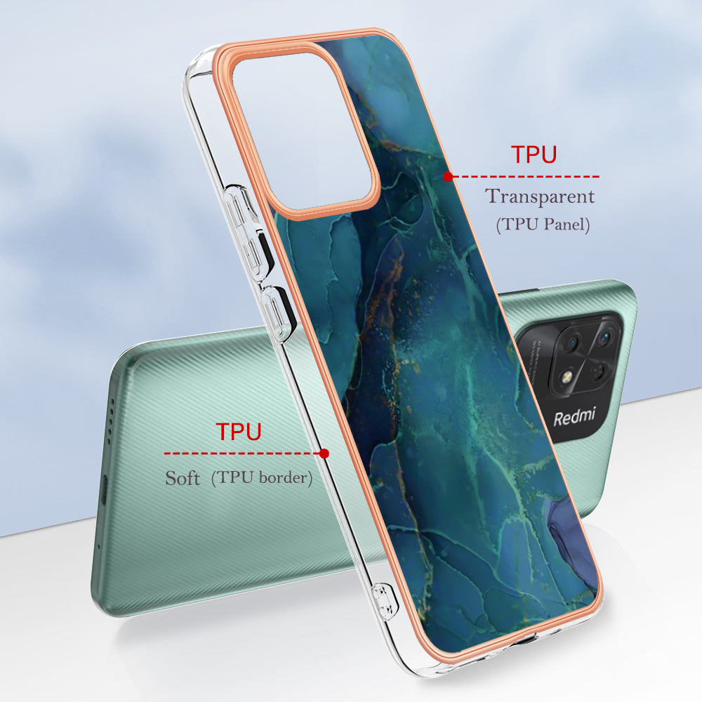 YB IMD Series-16 Style E Marble Pattern Phone Case for Xiaomi Redmi 10C 4G , Electroplated Edge 2.0mm TPU IMD Cover
