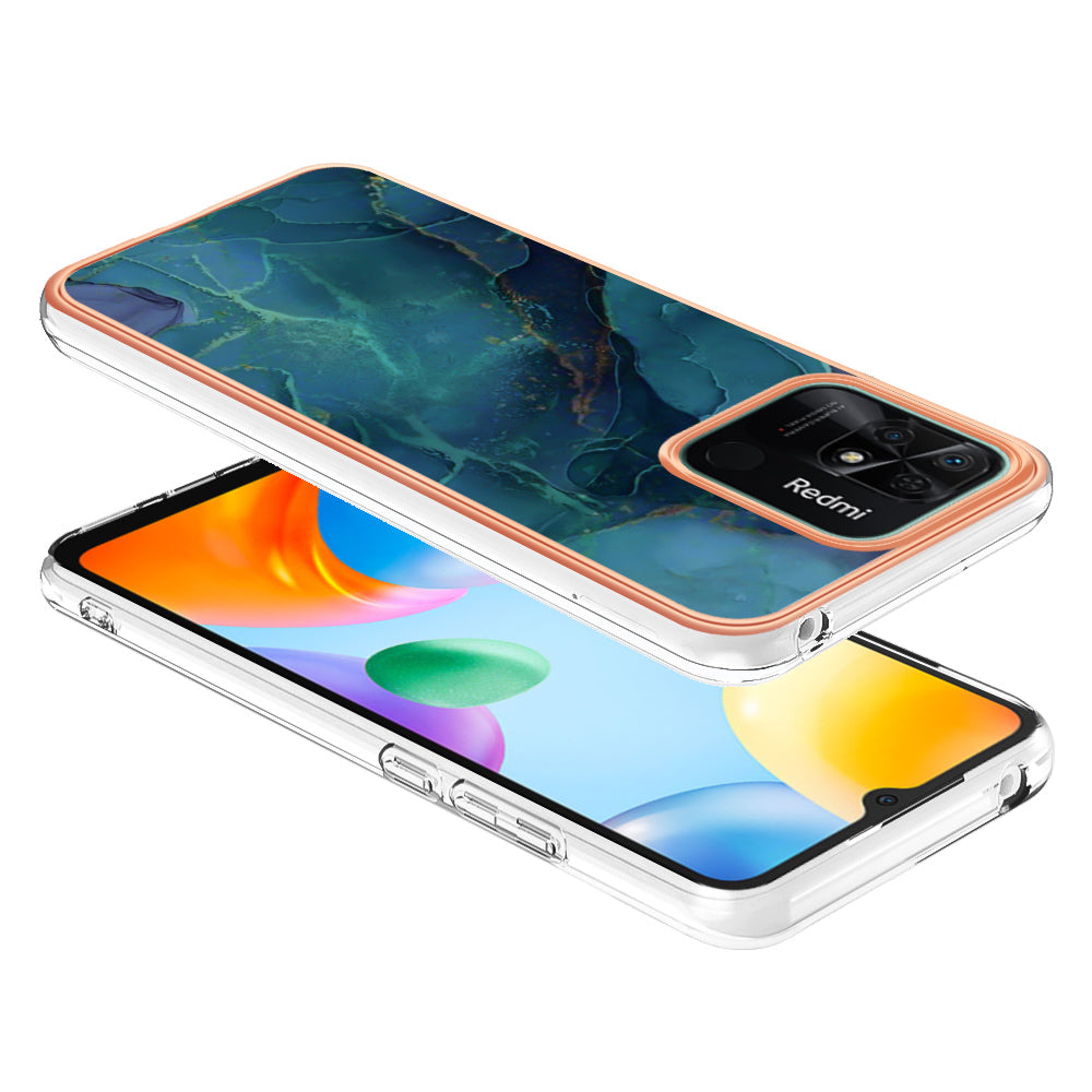 YB IMD Series-16 Style E Marble Pattern Phone Case for Xiaomi Redmi 10C 4G , Electroplated Edge 2.0mm TPU IMD Cover