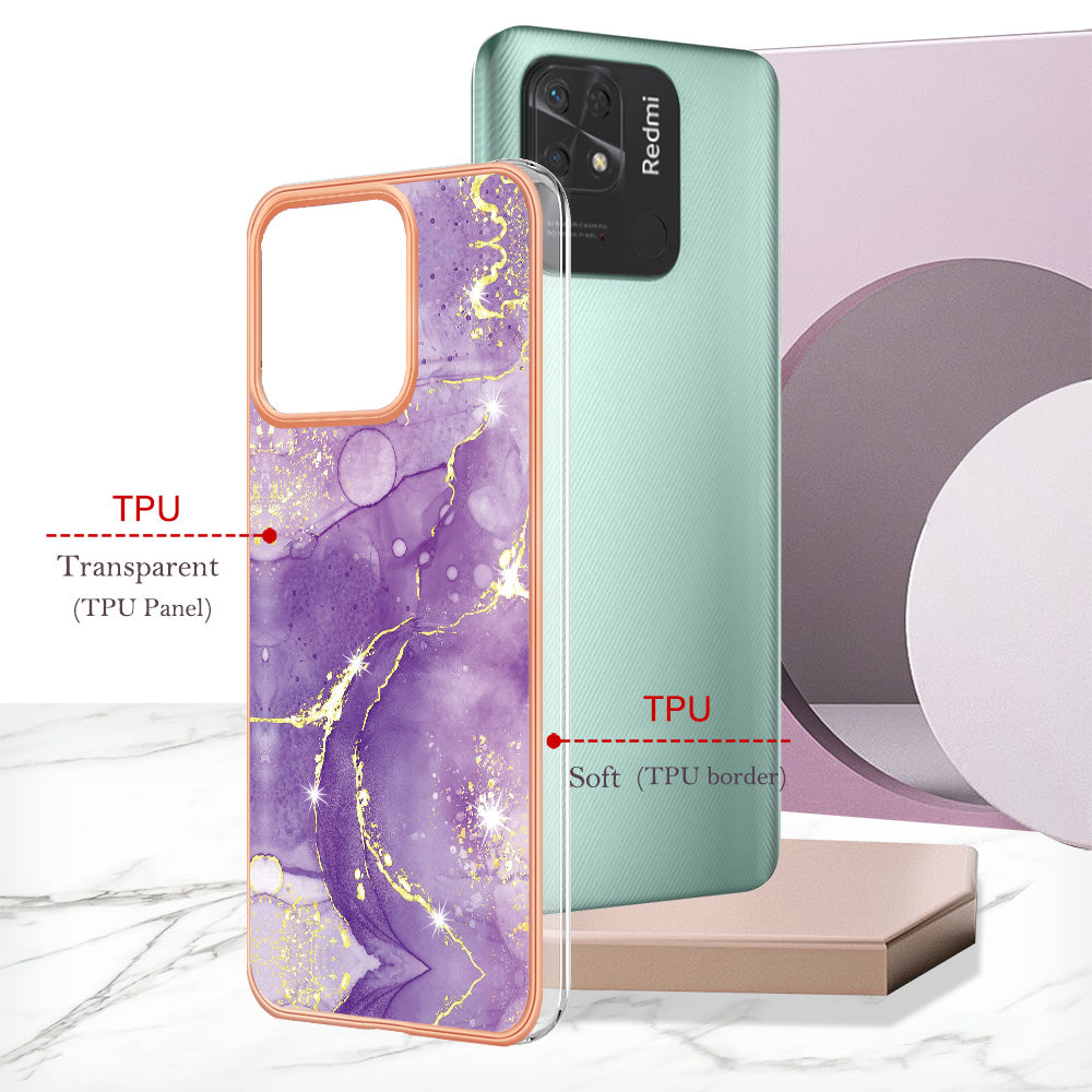 YB IMD Series-2 Electroplating Cover for Xiaomi Redmi 10C 4G IMD Marble Pattern Phone Case TPU Shell