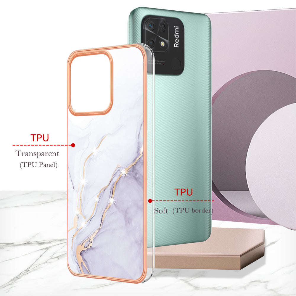 YB IMD Series-2 Electroplating Cover for Xiaomi Redmi 10C 4G IMD Marble Pattern Phone Case TPU Shell