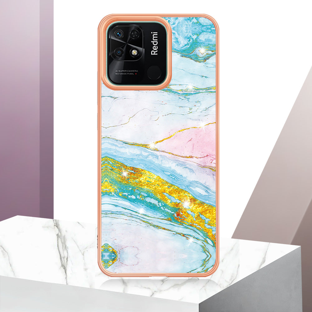 YB IMD Series-2 Electroplating Cover for Xiaomi Redmi 10C 4G IMD Marble Pattern Phone Case TPU Shell