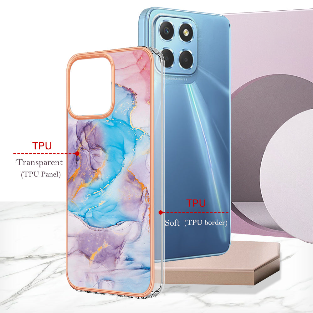 YB IMD Series-1 Electroplating Phone Case for Honor X8 5G Marble Floral Pattern TPU Protective Cover